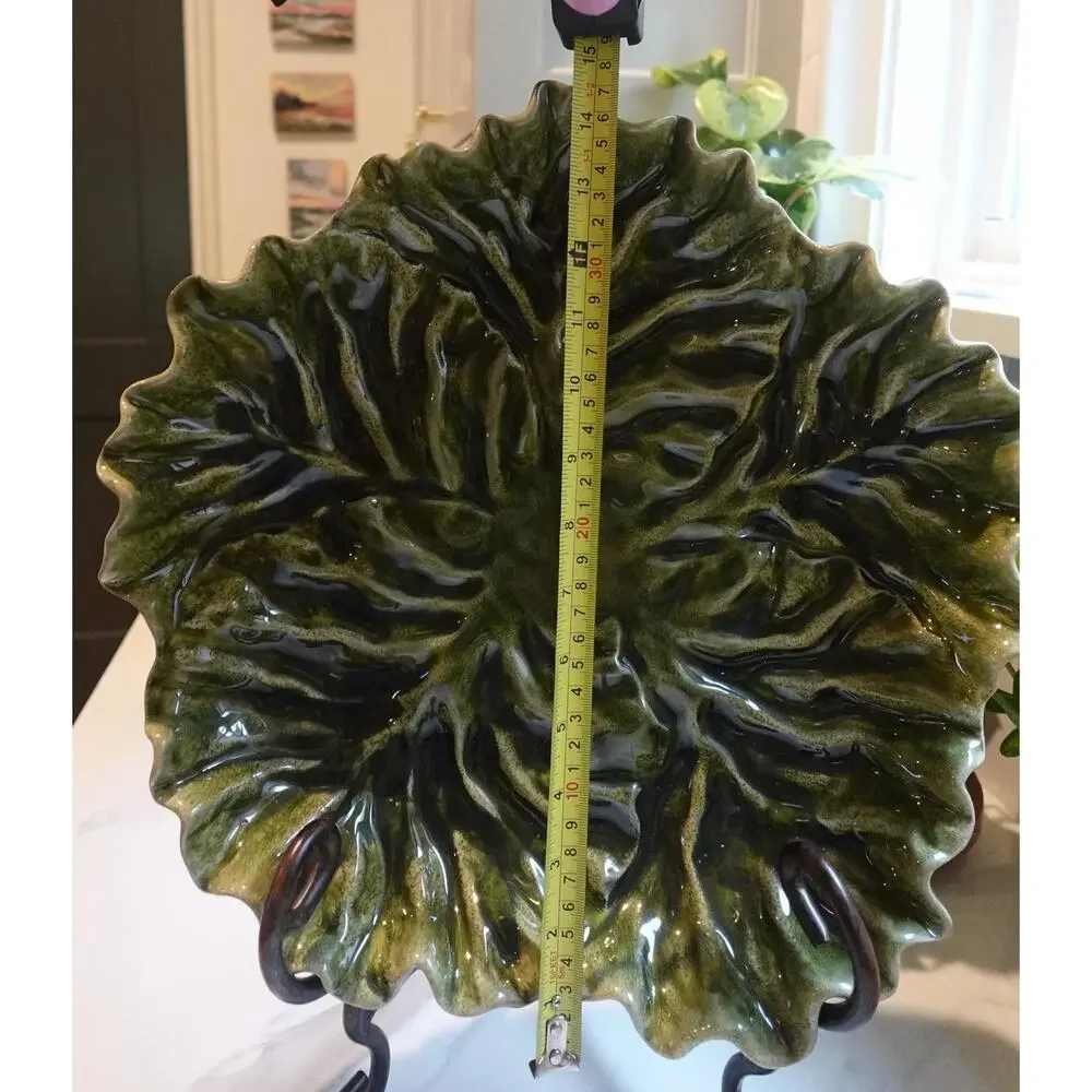 Vintage 1990s Pottery Barn Green Majolica Cabbageware Plate (15